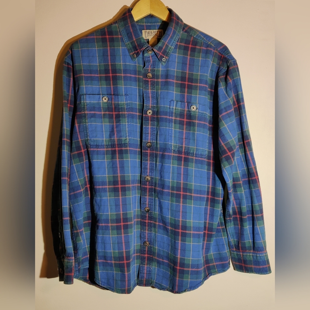 Duluth Trading Co Shirt Mens Sz L Blue Green Plaid Work Button Down Flannel